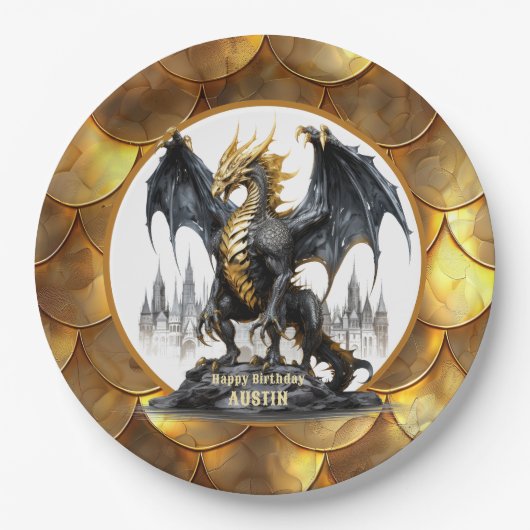 Gouden en zwarte draak met Dragon Scale Border Papieren Bordje (Voorkant)
