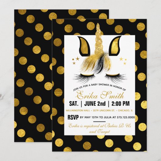 Gouden en zwarte eenhoorn Baby shower Kaart (Voorkant / Achterkant)