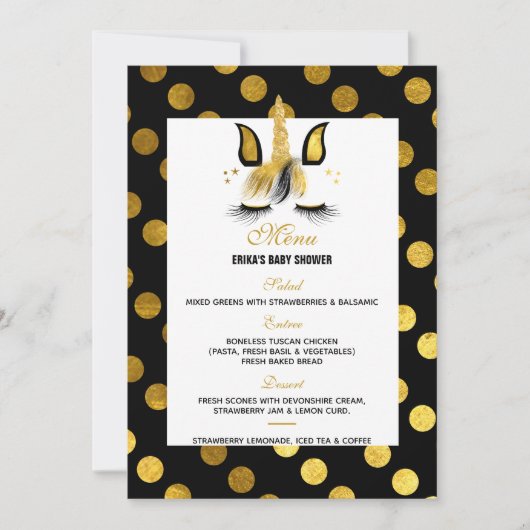 Gouden en zwarte eenhoorn Baby shower Menu Kaart (Voorkant)