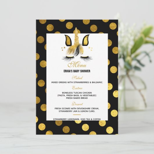 Gouden en zwarte eenhoorn Baby shower Menu Kaart (Staand voorkant)
