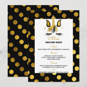 Gouden en zwarte eenhoorn Baby shower Menu Kaart