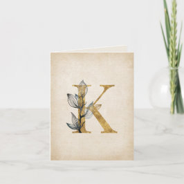 Gouden en Zwarte K Monogram Met Bladeren Notitiekaartje