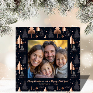 Gouden en zwarte kerstboom Family Photo Card Feestdagenkaart