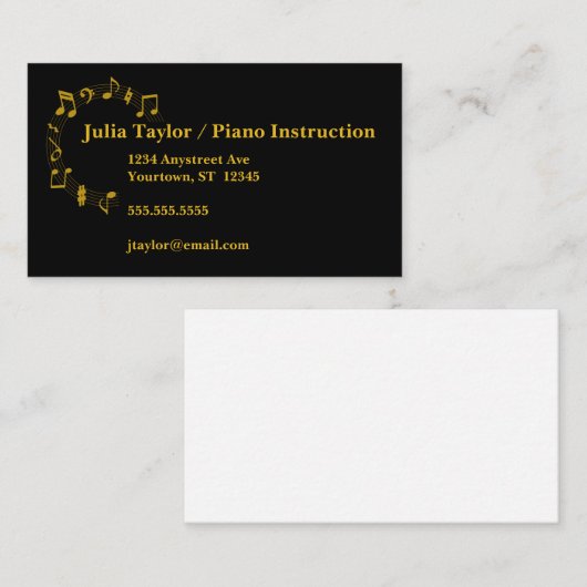 Gouden en zwarte muzieknoten muziekleraar visitekaartje (Voorkant / Achterkant)