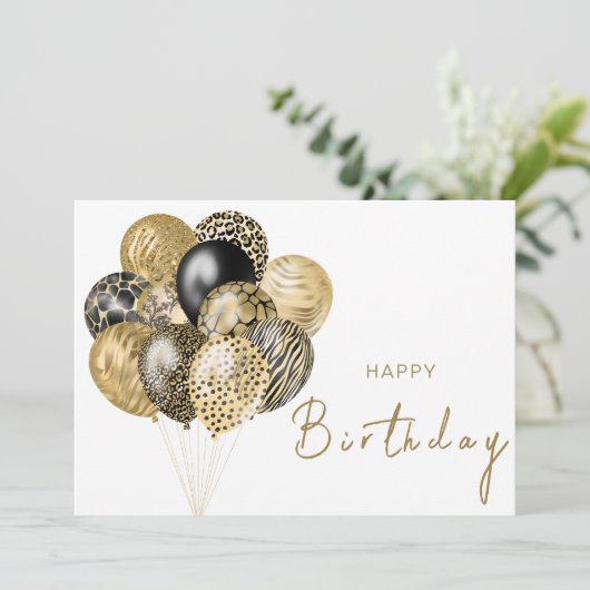 Gouden en Zwarte Safari Ballonnen Gelukkige Verjaa Kaart (Staand voorkant)