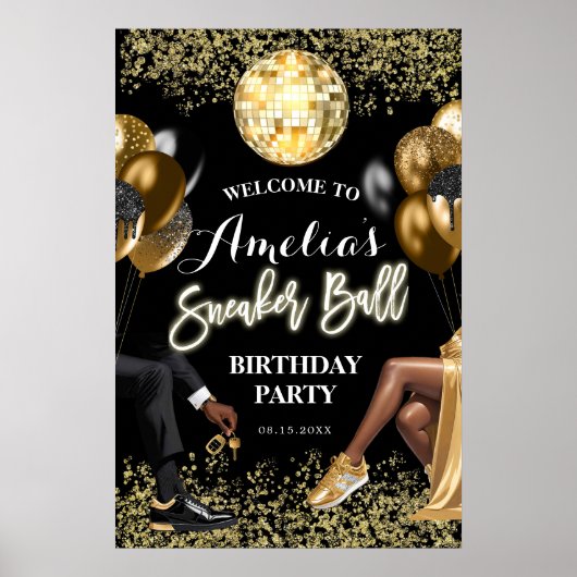 Gouden en Zwarte Sneaker Ball Party Welkomstbord Poster (Voorkant)