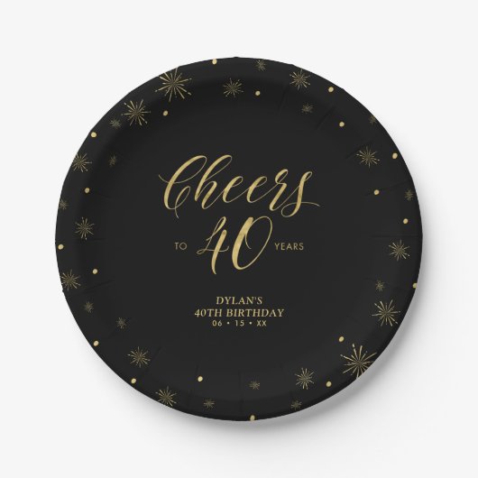 Gouden en zwarte sparkle Cheers 40e verjaardag Papieren Bordje (Voorkant)