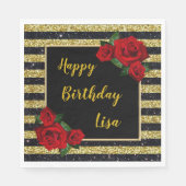 Gouden en zwarte strepen glitter rode rozen verjaa servet (Voorkant)
