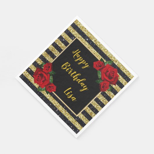 Gouden en zwarte strepen glitter rode rozen verjaa servet (Hoek)