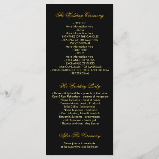 Gouden en Zwarte Strijklichten Huwelijksprogramma' Programmakaart (Achterkant)