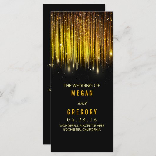 Gouden en Zwarte Strijklichten Huwelijksprogramma' Programmakaart (Voorkant / Achterkant)