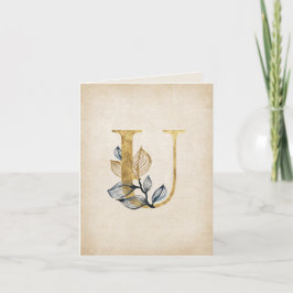 Gouden en Zwarte U Monogram Met Bladeren Notitiekaartje