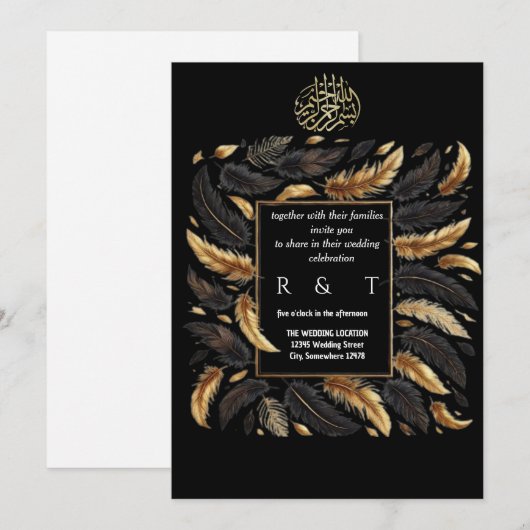 Gouden en zwarte veren bruiloft kaart (Voorkant / Achterkant)