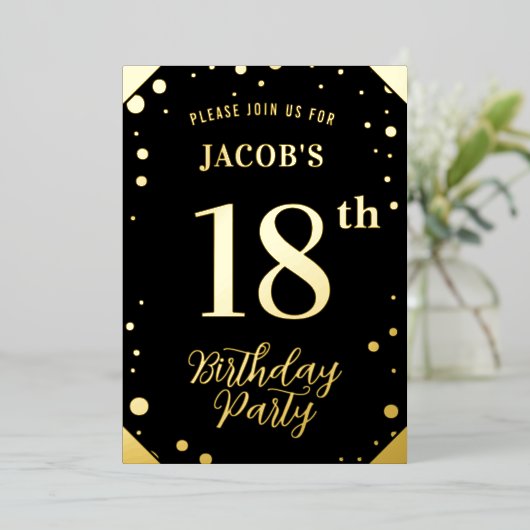 Gouden en zwarte verjaardag Folie Folie Uitnodiging (Staand Voorkant)