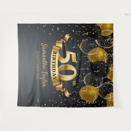 Gouden en zwarte verjaardagsachtergrond tapijt ban wandkleed (Voorkant (horizontaal))