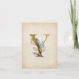 Gouden en Zwarte Y Monogram Met Bladeren Notitiekaartje