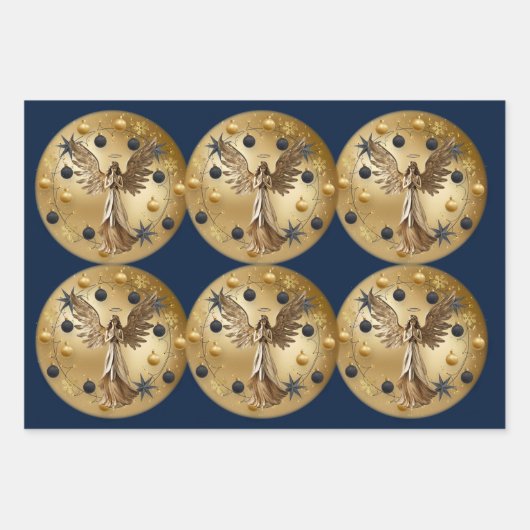 Gouden Engel Blauw Zwart Kerstkrans Inpakpapier Vel (Voorkant 3)