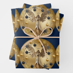 Gouden Engel Blauw Zwart Kerstkrans Inpakpapier Vel