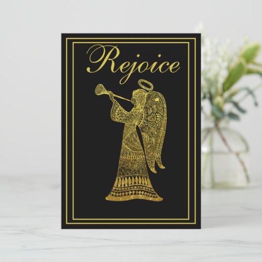 Gouden engel op zwart Verheug Kerstmis Feestdagenkaart (Staand voorkant)