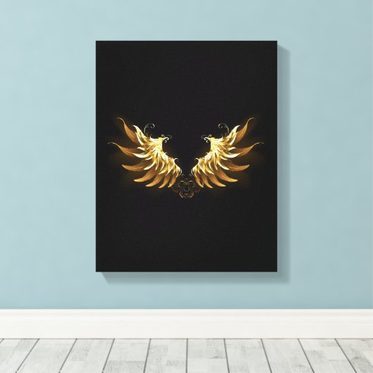 Gouden engelenvleugels op een zwarte achtergrond canvas afdruk (Insitu (Houten vloer))
