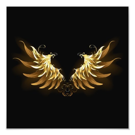Gouden engelenvleugels op een zwarte achtergrond foto afdruk (Voorkant)