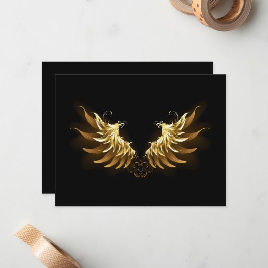 Gouden engelenvleugels op een zwarte achtergrond notitiekaartje (Voorkant / Achterkant in situ)