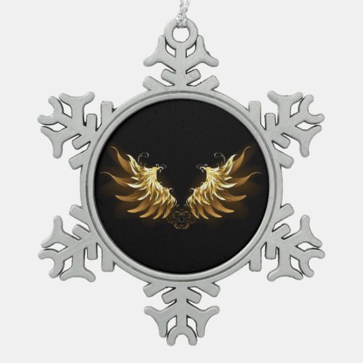 Gouden engelenvleugels op een zwarte achtergrond tin sneeuwvlok ornament (Voorkant)
