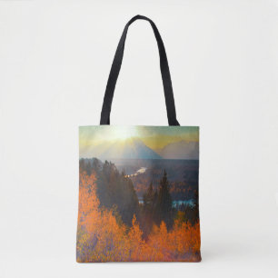 Gouden Espen boven Snake River bij zonsondergang Tote Bag