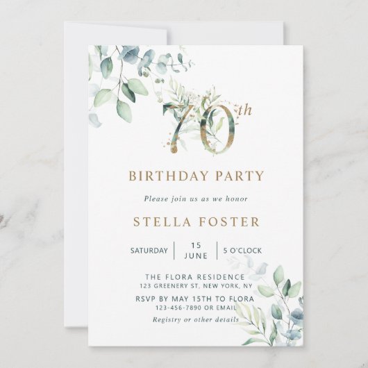 Gouden Eucalyptus Botanische 70ste Verjaardagsfees Kaart (Voorkant)
