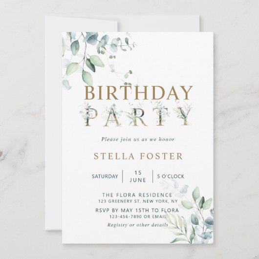 Gouden eucalyptus botanische brief verjaardagsfees kaart (Voorkant)