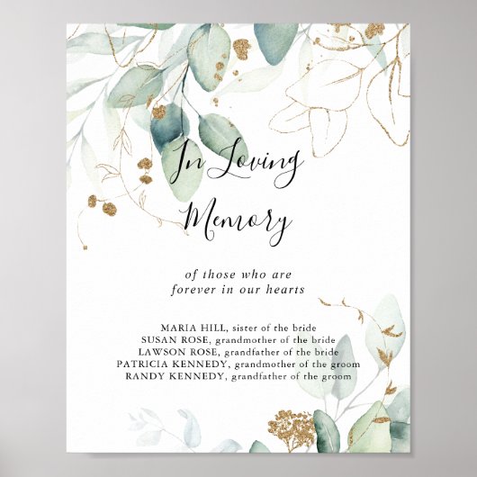 Gouden Eucalyptus Calligrafie In Loving Memory Bor Poster (Voorkant)