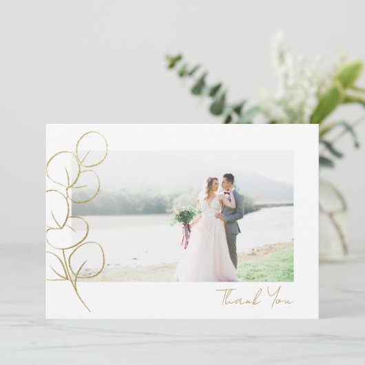 Gouden Eucalyptus Fotobruiloft Bedankkaart (Staand voorkant)