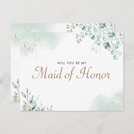 Gouden Eucalyptus Greenery Maid of Honor-voorstel Uitnodiging Briefkaart (Voorkant / Achterkant)
