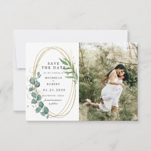 gouden eucalyptus groen twee Foto Save The Date  Kaart (Voorkant)