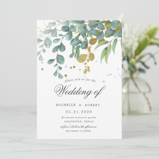 gouden eucalyptus groen wedding uitnodiging (Staand voorkant)
