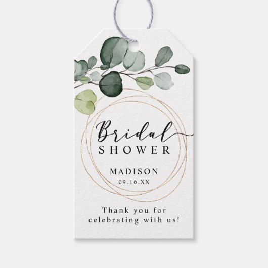 Gouden Eucalyptus Groene Bruidsdouche Favor Cadeaulabel (Voorkant)