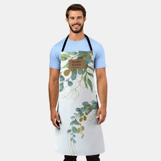 Gouden Eucalyptus Groene Salon Monogram Schort (Gedragen)