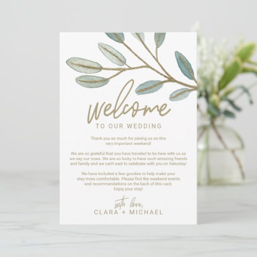 Gouden Eucalyptus Huwelijks Verwelkomingsbrief & R Programmakaart (Staand voorkant)