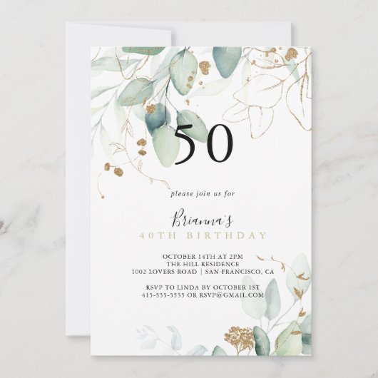 Gouden Eucalyptus Kalligrafie 50e Verjaardag Party Kaart (Voorkant)