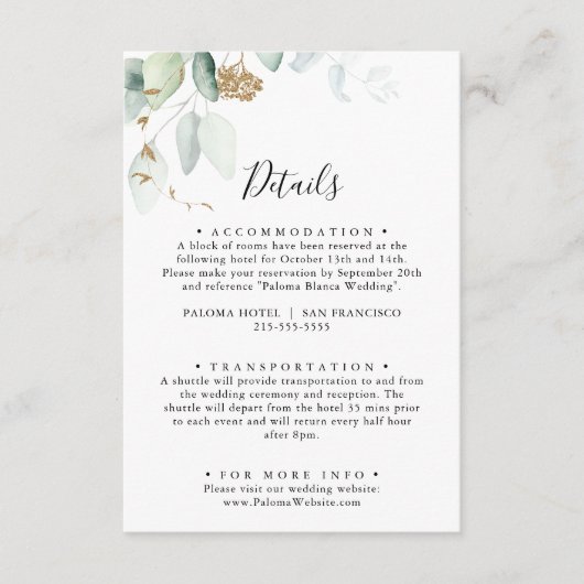 Gouden Eucalyptus Kalligrafie Bruiloft Details Informatiekaartje (Voorkant)