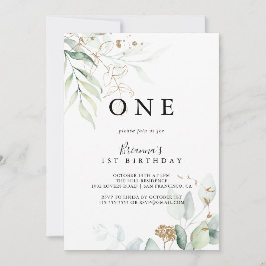Gouden Eucalyptus Kalligrafie Eerste Verjaardagsfe Kaart (Voorkant)