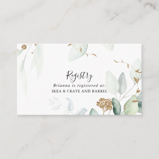 Gouden Eucalyptus Kalligrafie Huwelijkscadeau Regi Informatiekaartje (Voorkant)