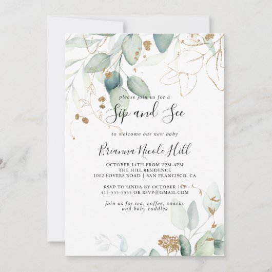 Gouden Eucalyptus Kalligrafie Sip and See Kaart (Voorkant)