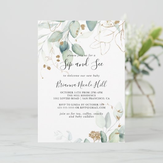 Gouden Eucalyptus Kalligrafie Sip and See Kaart (Staand voorkant)