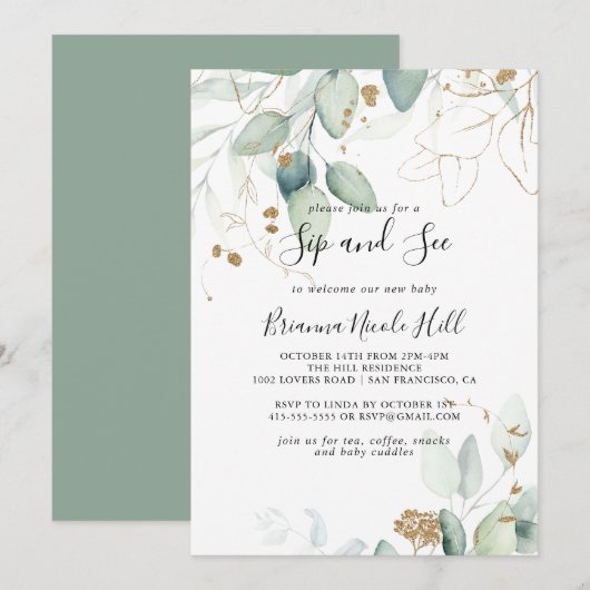Gouden Eucalyptus Kalligrafie Sip and See Kaart (Voorkant / Achterkant)