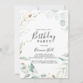 Gouden eucalyptus kalligrafie verjaardagsfeestje kaart (Voorkant)