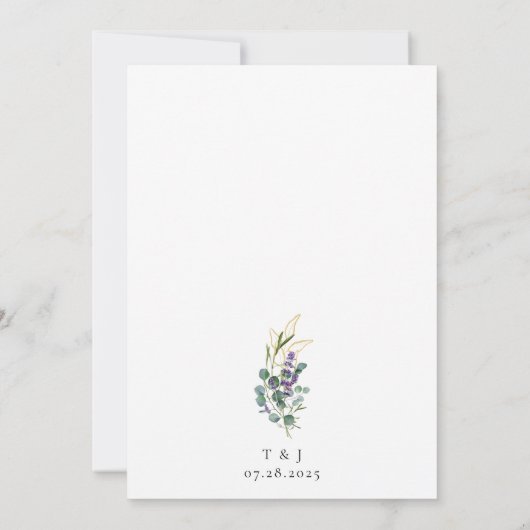 Gouden Eucalyptus Lavendel Kalligrafie Bruiloft Kaart (Achterkant)