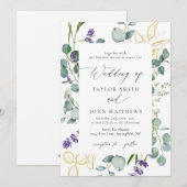 Gouden Eucalyptus Lavendel Kalligrafie Bruiloft Kaart (Voorkant / Achterkant)