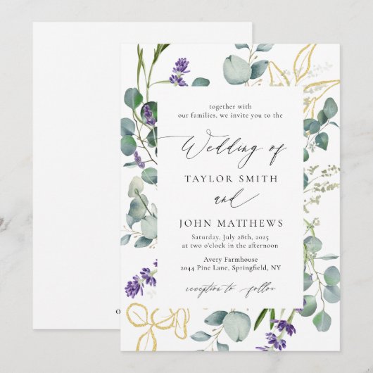 Gouden Eucalyptus Lavendel Kalligrafie Bruiloft Kaart (Voorkant / Achterkant)