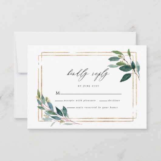 Gouden Eucalyptus Leaf Bruiloft RSVP Kaart (Voorkant)